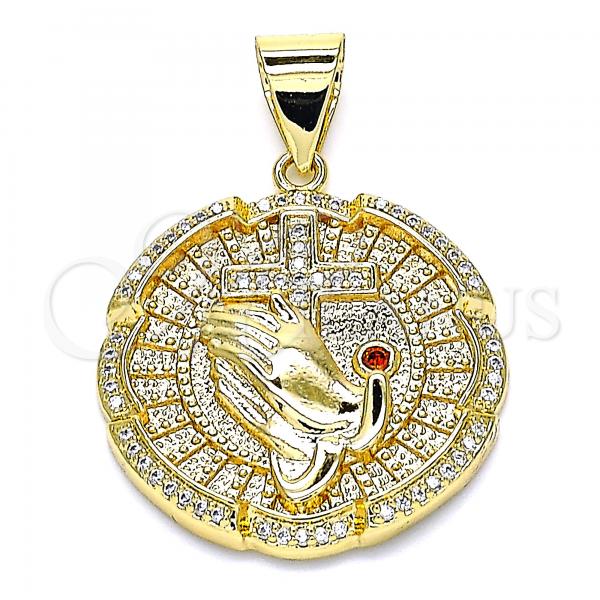 Oro Laminado Religious Pendant, Gold Filled Style Praying Hands and Cross Design, with White Micro Pave and Garnet Cubic Zirconia, Polished, Golden Finish, 05.342.0055