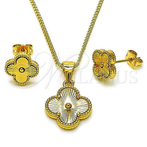 Oro Laminado Earring and Pendant Adult Set, Gold Filled Style Four-leaf Clover Design, Diamond Cutting Finish, Golden Finish, 10.342.0201