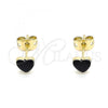 Oro Laminado Stud Earring, Gold Filled Style Heart Design, Black Enamel Finish, Golden Finish, 02.213.0292