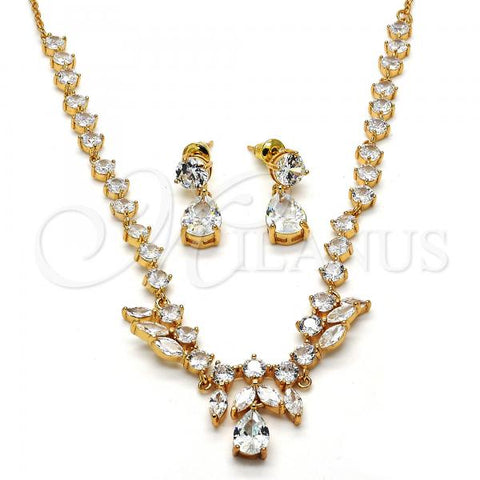 Oro Laminado Necklace and Earring, Gold Filled Style Teardrop and Leaf Design, with White Cubic Zirconia, Polished, Golden Finish, 06.205.0018