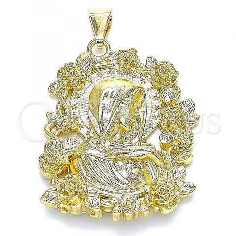 Oro Laminado Religious Pendant, Gold Filled Style Sagrado Corazon de Maria and Flower Design, Polished, Golden Finish, 05.213.0101
