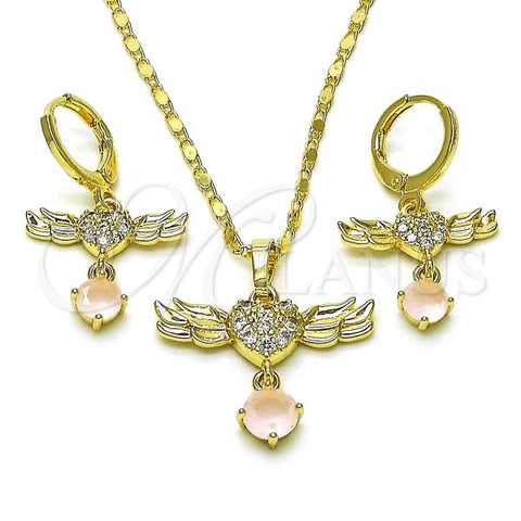 Oro Laminado Earring and Pendant Adult Set, Gold Filled Style Wings and Heart Design, with White Micro Pave and Pink Cubic Zirconia, Polished, Golden Finish, 10.196.0098