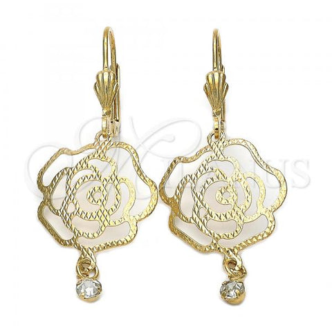 Oro Laminado Dangle Earring, Gold Filled Style Flower Design, with White Cubic Zirconia, Diamond Cutting Finish, Golden Finish, 5.017.011