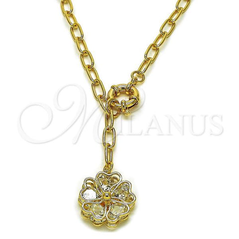 Oro Laminado Fancy Necklace, Gold Filled Style Flower and Heart Design, with White Cubic Zirconia, Polished, Golden Finish, 04.63.1440.20