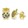 Oro Laminado Stud Earring, Gold Filled Style Owl Design, with Multicolor Micro Pave, Polished, Golden Finish, 02.156.0549.1