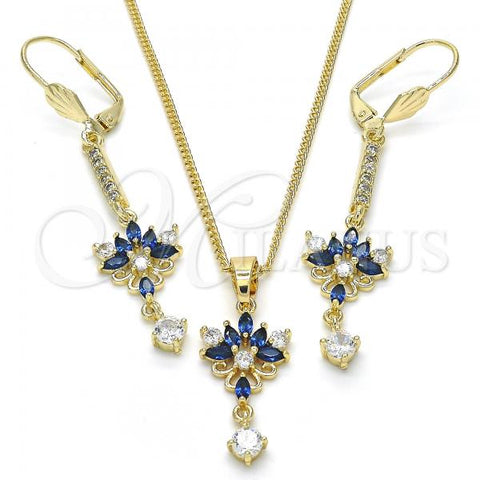 Oro Laminado Earring and Pendant Adult Set, Gold Filled Style with Sapphire Blue and White Cubic Zirconia, Polished, Golden Finish, 10.210.0084.1
