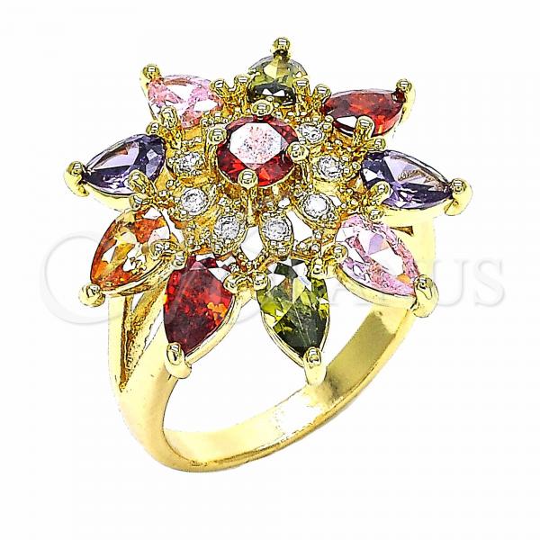 Oro Laminado Multi Stone Ring, Gold Filled Style Flower and Teardrop Design, with Multicolor Cubic Zirconia, Polished, Golden Finish, 01.283.0006.1.08 (Size 8)