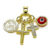 Oro Laminado Religious Pendant, Gold Filled Style Cross and San Benito Design, with White Micro Pave and Garnet Crystal, Polished, Golden Finish, 05.213.0169