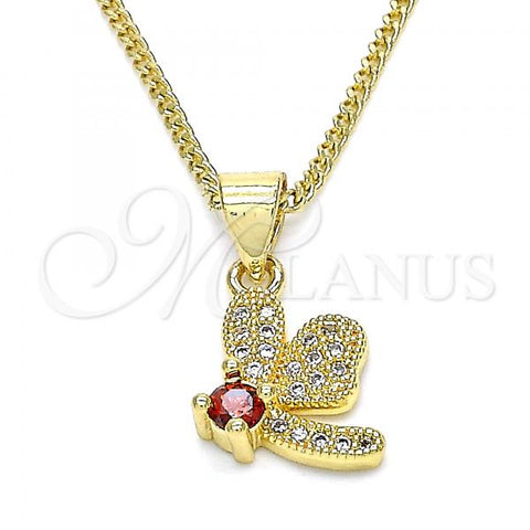 Oro Laminado Pendant Necklace, Gold Filled Style Dragon-Fly Design, with Garnet Cubic Zirconia and White Micro Pave, Polished, Golden Finish, 04.199.0035.1.20