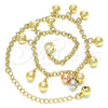 Oro Laminado Charm Anklet , Gold Filled Style Ball and Rattle Charm Design, Polished, Tricolor, 03.331.0048.09