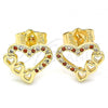 Oro Laminado Stud Earring, Gold Filled Style Heart Design, with Garnet and White Micro Pave, Polished, Golden Finish, 02.156.0505.1