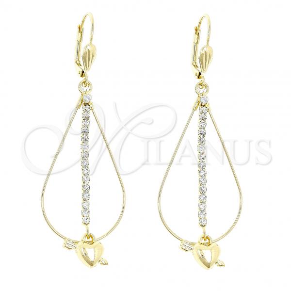 Oro Laminado Long Earring, Gold Filled Style Heart Design, with White Cubic Zirconia, Polished, Golden Finish, 5.116.014
