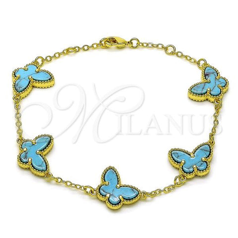 Oro Laminado Fancy Bracelet, Gold Filled Style Butterfly and Rolo Design, with Turquoise Opal, Polished, Golden Finish, 03.313.0042.4.08