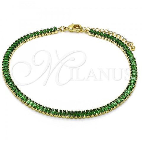 Oro Laminado Fancy Anklet, Gold Filled Style Baguette Design, with Green Cubic Zirconia, Polished, Golden Finish, 03.130.0008.7.10