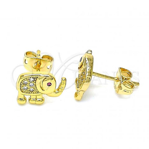 Oro Laminado Stud Earring, Gold Filled Style Elephant Design, with White and Ruby Micro Pave, Polished, Golden Finish, 02.342.0115