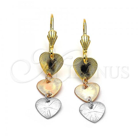 Oro Laminado Long Earring, Gold Filled Style Heart Design, Diamond Cutting Finish, Tricolor, 02.63.2178