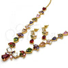 Oro Laminado Necklace and Earring, Gold Filled Style Teardrop and Leaf Design, with Multicolor Cubic Zirconia, Polished, Golden Finish, 06.205.0001