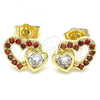 Oro Laminado Stud Earring, Gold Filled Style Heart Design, with Garnet and White Cubic Zirconia, Polished, Golden Finish, 02.210.0443.1