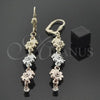 Oro Laminado Long Earring, Gold Filled Style Flower Design, with White Cubic Zirconia, Diamond Cutting Finish, Tricolor, 5.065.012