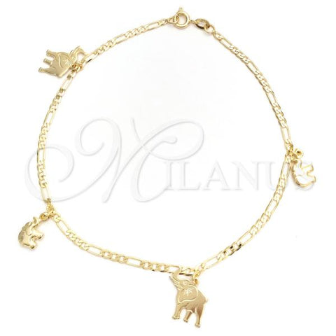 Oro Laminado Charm Anklet , Gold Filled Style Elephant and Figaro Design, Polished, Golden Finish, 03.58.0031.10