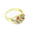 Oro Laminado Multi Stone Ring, Gold Filled Style Leaf Design, with Multicolor Cubic Zirconia and White Micro Pave, Polished, Golden Finish, 01.210.0141.08