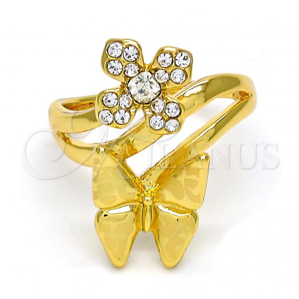 Oro Laminado Multi Stone Ring, Gold Filled Style Flower and Butterfly Design, with White Crystal, Polished, Golden Finish, 01.241.0036.10 (Size 10)