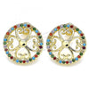 Oro Laminado Stud Earring, Gold Filled Style Flower Design, with Multicolor Micro Pave, Polished, Golden Finish, 02.233.0017