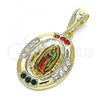 Oro Laminado Religious Pendant, Gold Filled Style Guadalupe Design, with Multicolor Crystal, Polished, Golden Finish, 05.253.0149
