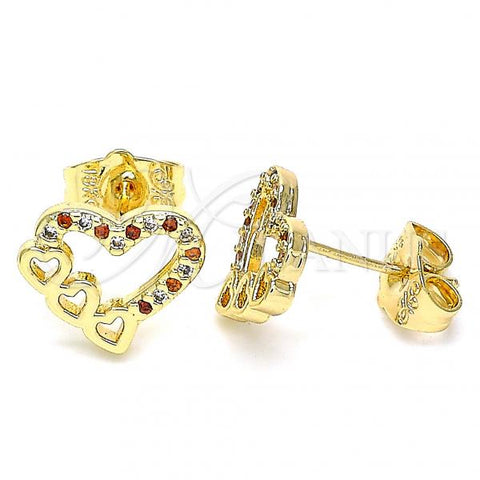 Oro Laminado Stud Earring, Gold Filled Style Heart Design, with Garnet and White Micro Pave, Polished, Golden Finish, 02.156.0505.1