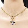 Oro Laminado Fancy Necklace, Gold Filled Style and Airplane with White Micro Pave, Purple Enamel Finish, Golden Finish, 04.341.0242.20