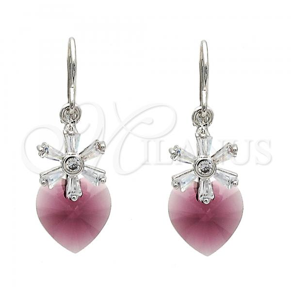 Rhodium Plated Dangle Earring, Heart and Flower Design, with Amethyst Swarovski Crystals and White Micro Pave, Polished, Rhodium Finish, 02.63.2579.1