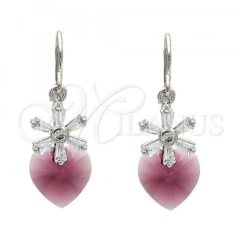 Rhodium Plated Dangle Earring, Heart and Flower Design, with Amethyst Swarovski Crystals and White Micro Pave, Polished, Rhodium Finish, 02.63.2579.1