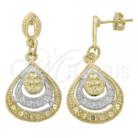 Oro Laminado Dangle Earring, Gold Filled Style Teardrop Design, Diamond Cutting Finish, Two Tone, 02.55.0017