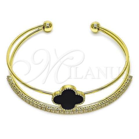 Oro Laminado Individual Bangle, Gold Filled Style Four-leaf Clover Design, with Black and White Cubic Zirconia, Polished, Golden Finish, 07.283.0003