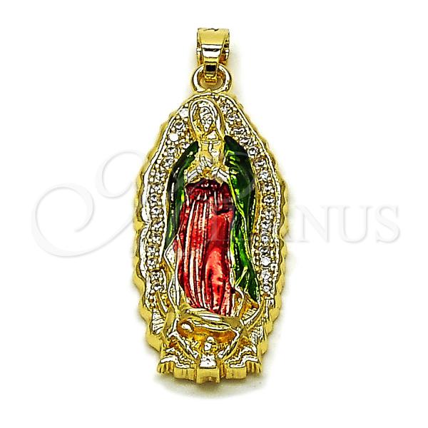 Oro Laminado Religious Pendant, Gold Filled Style Guadalupe Design, with White Cubic Zirconia, Polished, Tricolor, 05.210.0012