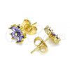 Oro Laminado Stud Earring, Gold Filled Style Flower Design, with Amethyst Cubic Zirconia, Polished, Golden Finish, 02.310.0042