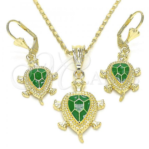 Oro Laminado Earring and Pendant Adult Set, Gold Filled Style Turtle Design, Green Enamel Finish, Golden Finish, 10.351.0005.4