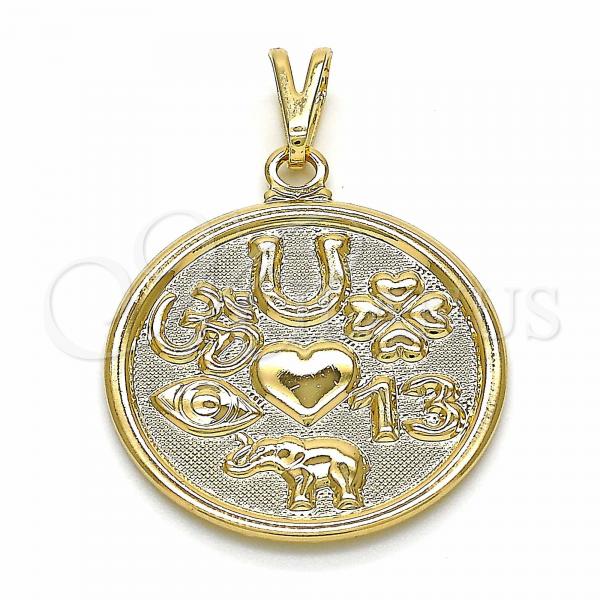 Oro Laminado Religious Pendant, Gold Filled Style Elephant and Evil Eye Design, Polished, Golden Finish, 05.09.0074