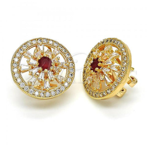 Oro Laminado Stud Earring, Gold Filled Style Flower Design, with Ruby and White Cubic Zirconia, Polished, Golden Finish, 02.217.0080.1 *PROMO*
