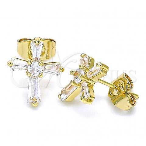 Oro Laminado Stud Earring, Gold Filled Style Cross Design, with White Cubic Zirconia, Polished, Golden Finish, 02.345.0011.1