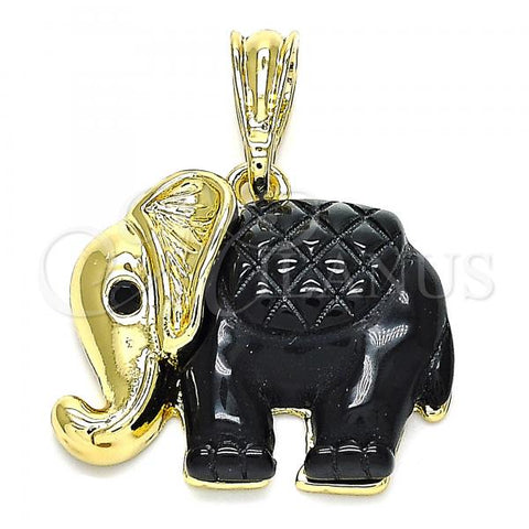 Oro Laminado Fancy Pendant, Gold Filled Style Elephant Design, with Black Crystal, Black Resin Finish, Golden Finish, 05.380.0119.1