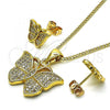 Oro Laminado Earring and Pendant Adult Set, Gold Filled Style Butterfly Design, with White Micro Pave, Polished, Golden Finish, 10.342.0065