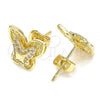 Oro Laminado Stud Earring, Gold Filled Style Butterfly Design, with White Micro Pave, Polished, Golden Finish, 02.156.0411