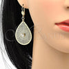 Oro Laminado Dangle Earring, Gold Filled Style Leaf and Filigree Design, with White Crystal, Diamond Cutting Finish, Golden Finish, 73.006