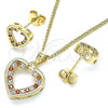 Oro Laminado Earring and Pendant Adult Set, Gold Filled Style Heart Design, with Garnet and White Micro Pave, Polished, Golden Finish, 10.344.0001.1