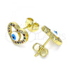 Oro Laminado Stud Earring, Gold Filled Style Heart and Evil Eye Design, with Multicolor Micro Pave, White Enamel Finish, Golden Finish, 02.381.0013
