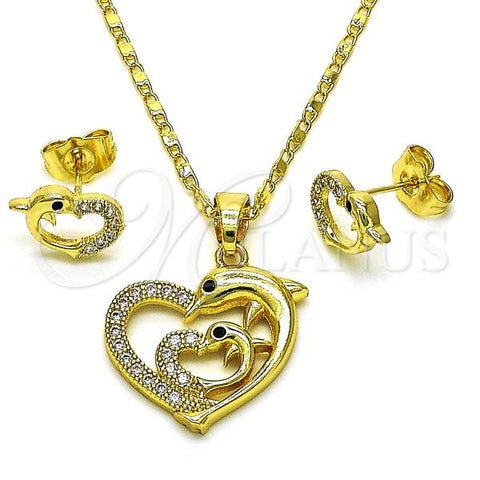 Oro Laminado Earring and Pendant Adult Set, Gold Filled Style Heart and Dolphin Design, with White and Black Micro Pave, Polished, Golden Finish, 10.267.0004