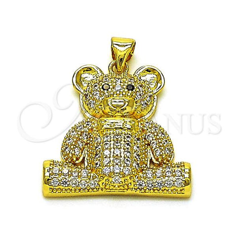 Oro Laminado Fancy Pendant, Gold Filled Style Teddy Bear Design, with White and Black Micro Pave, Polished, Golden Finish, 05.381.0030