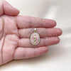 Oro Laminado Religious Pendant, Gold Filled Style Guadalupe Design, with White Cubic Zirconia, Pink Enamel Finish, Golden Finish, 05.284.0019.1