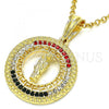 Oro Laminado Religious Pendant, Gold Filled Style San Judas and Greek Key Design, with Multicolor Cubic Zirconia, Polished, Golden Finish, 05.351.0003